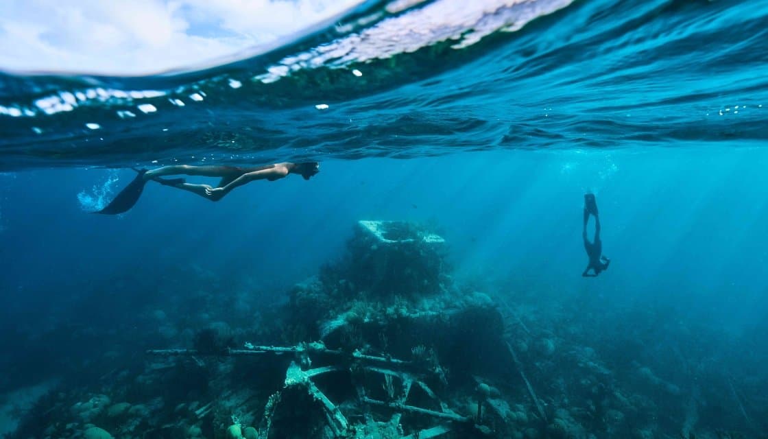Snorkelers exploring a Bermuda reef wreck