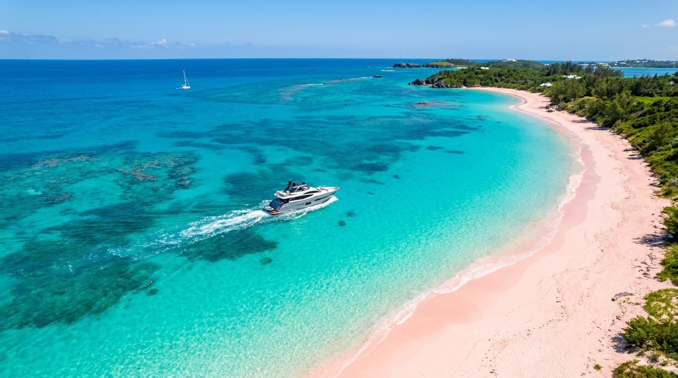 Aerial view of a Bermuda boat rental anchored over turquoise water