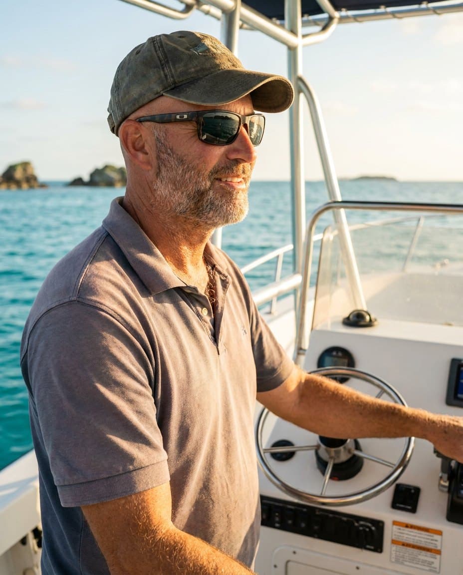 A captain at the helm of a Bermuda boat at golden hour, illustrating hurricane season prep