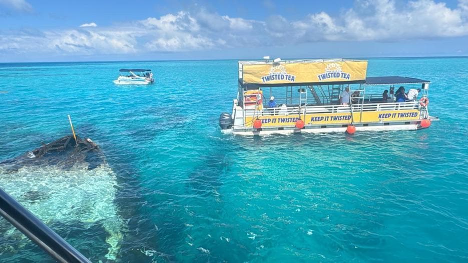 The Pontune Paradise anchored over a Bermuda reef wreck in clear turquoise water
